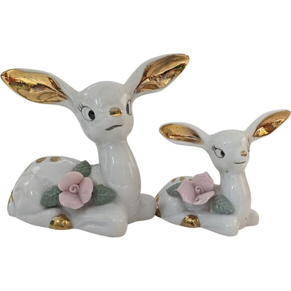 Thames Deer Figurines Set of 2 White Gold Tone Pink Mid Century Vtg Japan - Picture 1 of 16